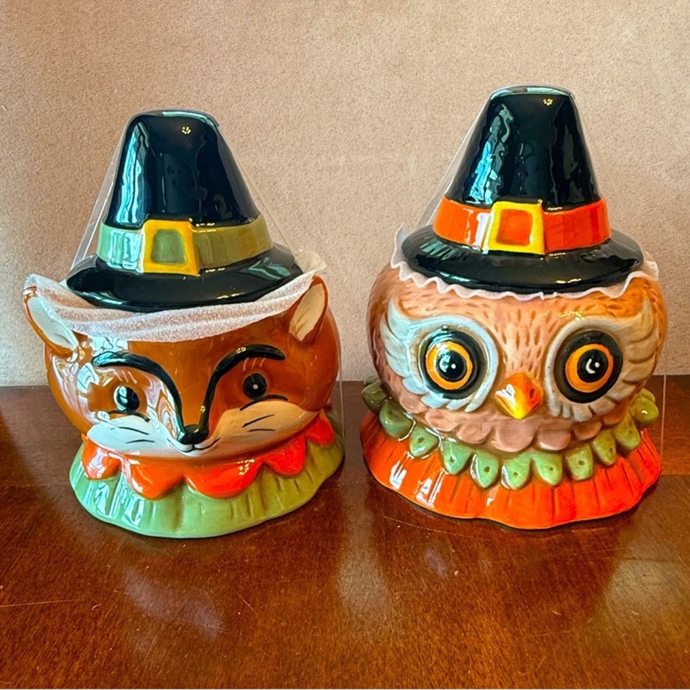 New Johanna Parker Fall Critters 2 Pieces Fox & Owl Small Canister Fall Decor